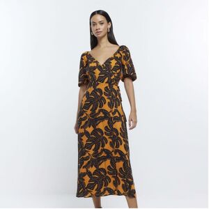 River Island Womens Wrap Midi Dress Orange Leaf Print Viscose - Size 8 Uk