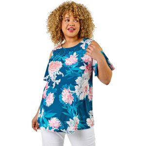 Roman Curve Womens Floral Print Cold Shoulder Jersey Top - Teal - Size Uk 22-24