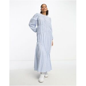 Asos Design Womens Gathered Tiered Maxi Dress In Blue Picnic Check-Multi - Size 8 Uk