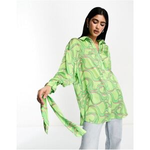 Asos Design Womens Oversized Satin Shirt With Tie Cuff Detail In Green Heart Print-Multi - Size 8 Uk