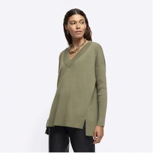 River Island Womens Jumper Khaki V Neck Fine Knit Viscose - Size X-Small