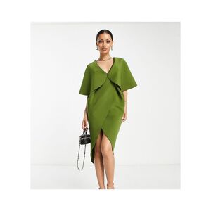 Asos Petite Womens Design Cape Detail Pleated Wrap Midi Dress In Olive-Green - Size 8 Uk