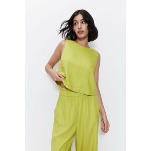 Warehouse Womens Linen Button Detail Box Top - Lime Green Viscose - Size 16 Uk