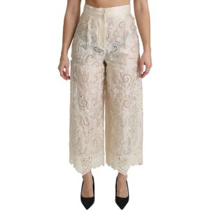 Dolce & Gabbana Womens Cream Lace High Waist Palazzo Cropped Pants - Silver Cotton - Size It 44 (Women'S)