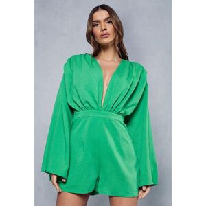 Misspap Womens Linen Look Plunge Tie Back Playsuit - Green Polyamide - Size 6 Uk