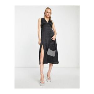 Influence Womens Satin Sleeveless Midi Dress With Lace Trim In Black - Size 10 Uk