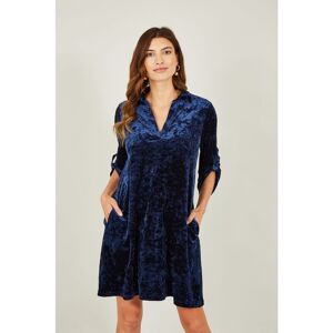 Yumi Womens Navy Velvet Tunic Dress With 3/4 Sleeves - Size 8 Uk