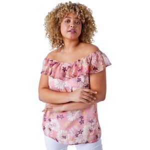 Roman Curve Womens Floral Frill Bardot Top - Pink - Size Uk 22-24