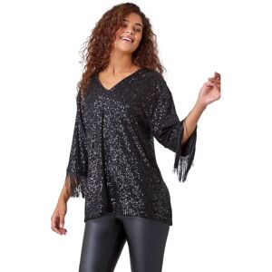 Roman Womens Sequin Tassel Detail Tunic Stretch Top - Black - Size 10 Uk