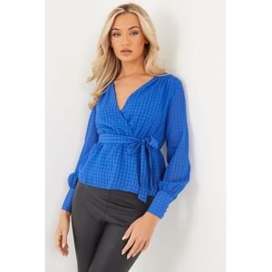 Quiz Womens Blue Check Chiffon Wrap Top - Size 8 Uk