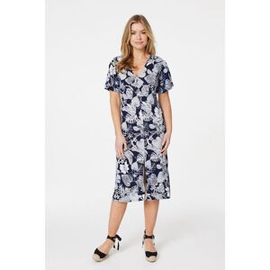 Izabel London Womens Navy Leaf Print Front Split Midi Dress - Blue - Size 12 Uk