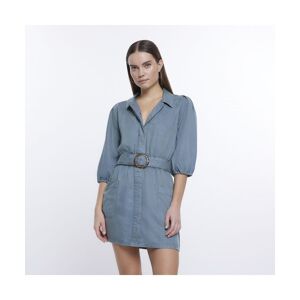 River Island Womens Mini Shirt Dress Blue Puff Sleeve - Size 14 Uk