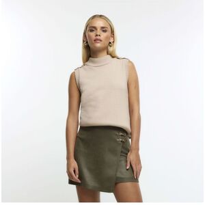 River Island Womens Mini Skirt Petite Khaki Faux Leather Buckle Suedette - Size 4 Uk