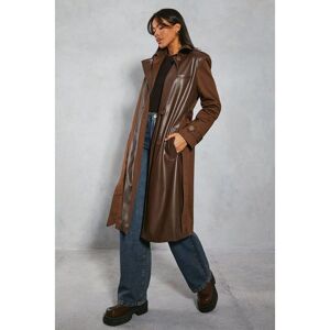 Misspap Womens Contrast Woven Leather Look Panelled Trench Coat - Chocolate Cotton - Size 16 Uk