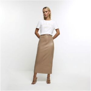 River Island Womens Midi Skirt Petite Brown Faux Leather Pu - Size 4 Uk