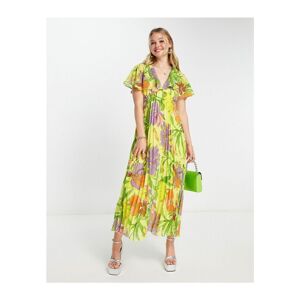 Asos Design Womens Angel Cape Sleeve Pleated Hem Midi Dress In Yellow Floral Print-Multi - Green - Size 8 Uk