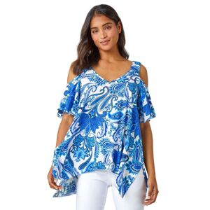 Roman Womens Paisley Hanky Hem Cold Shoulder Top - Blue Viscose - Size 10 Uk