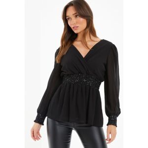 Quiz Womens Black Chiffon Wrap Peplum Top - Size 12 Uk