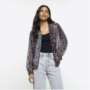 River Island Womens Jacket Black Chiffon Floral Zip Up - Size 8 Uk