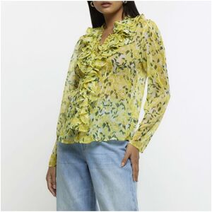 River Island Womens Blouse Yellow Floral Embellished Ruffle - Size 6 Uk