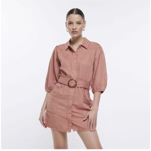 River Island Womens Mini Shirt Dress Pink Puff Sleeve Lyocell - Size 16 Uk