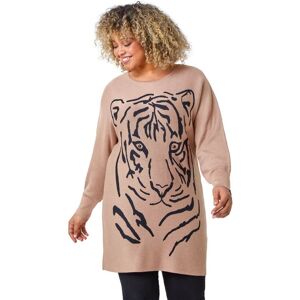 Roman Curve Womens Tiger Print Embellished Longline Jumper - Camel - Size Uk 22-24