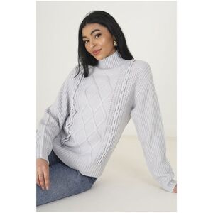 Brave Soul Womens Light Grey 'Tabby' Funnel Neck Cable Knit Jumper - Size Small