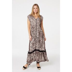 Izabel London Womens Beige Animal Print Lace Trim Maxi Dress Viscose - Size 8 Uk