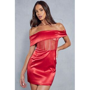 Misspap Womens Satin Mesh Insert Corseted Bardot Bodycon Mini Dress - Red - Size 6 Uk