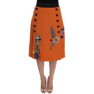 Dolce & Gabbana Womens Orange Wool Crystal Sequin Appliques Skirt - Multicolour Virgin Wool - Size Small