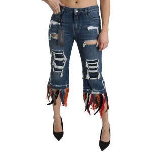 Dolce & Gabbana Womens Blue Feathers Low Waist Cropped Cotton Jeans - Silver - Size X-Small