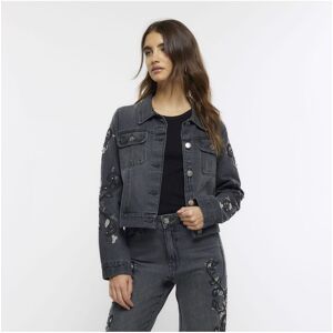 River Island Womens Denim Jacket Grey Embroidered Crop - Dark Grey - Size X-Small