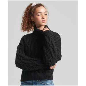 Superdry Womens Cable Knit Polo Neck Jumper - Black Wool - Size 8 Uk