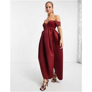 Asos Design Womens Off Shoulder Mesh Insert Cocoon Maxi Prom Dress In Wine-Multi - Burgundy - Size 4 Uk