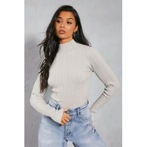 Misspap Womens Knitted Ribbed Grown On Neck Top - Light Grey Viscose - Size Medium