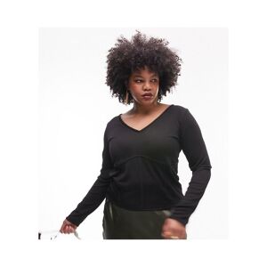 Topshop Curve Womens Premium V Neck Long Sleeve Corset Top In Black Cotton - Size 2xl