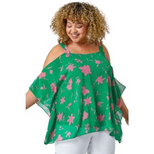 Roman Curve Womens Floral Cold Shoulder Top - Green - Size Uk 22-24