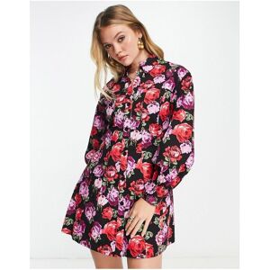 Asos Design Womens Twill Flippy Mini Shirt Dress In Rose Print-Multi - Multicolour - Size 12 Uk