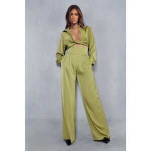 Misspap Womens Satin Corset Waist Wide Leg Trousers - Olive - Size 6 Uk