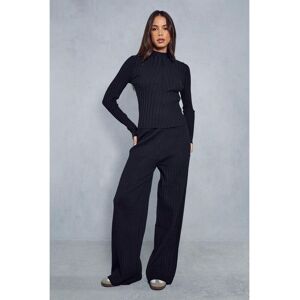 Misspap Womens Knitted Wide Ribbed High Neck Top & Trousers Co-Ord - Black Viscose - Size Small