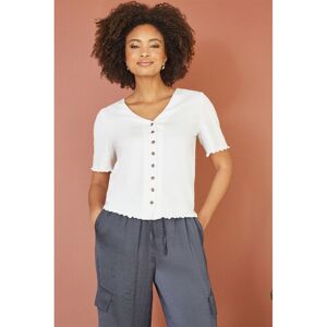 Yumi Womens White Cotton Button Detail T-Shirt - Size 8 Uk