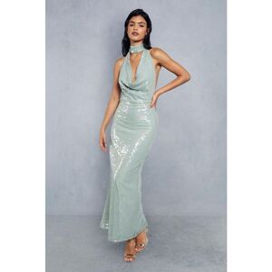 Misspap Womens Sequin Choker Neck Halterneck Backless Maxi Dress - Sage Green - Size 6 Uk