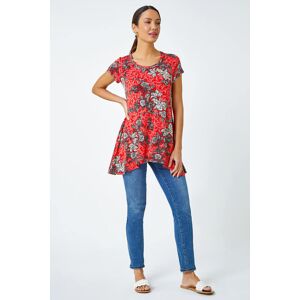 Roman Floral Print Stretch Hanky Hem Top in Red 18 female