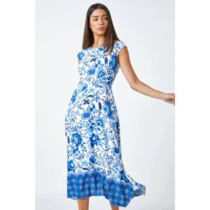 Roman Sleeveless Floral Border Print Midi Dress in Blue - Size 14 14 female