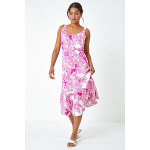 Roman Paisley Frill Hem Stretch Midi Dress in Fuchsia - Size 14 14 female