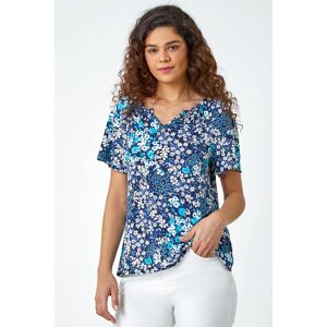 Roman Textured Floral Print Stretch T-Shirt in Blue 20 female