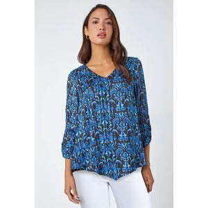 Roman Abstract Print Metallic Ruched Blouse in Blue 16 female