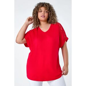 Roman Curve Curve Lace Shoulder Stretch Jersey T-Shirt in Red 2628 female