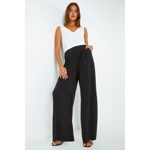 Roman Button Detail Wide Leg Stretch Trousers in Black 10 female