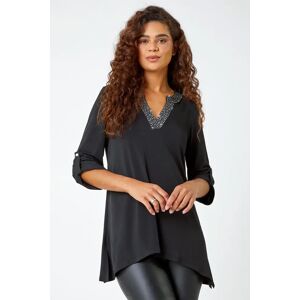 Roman Diamante Trim Tunic Stretch Top in Black 10 female